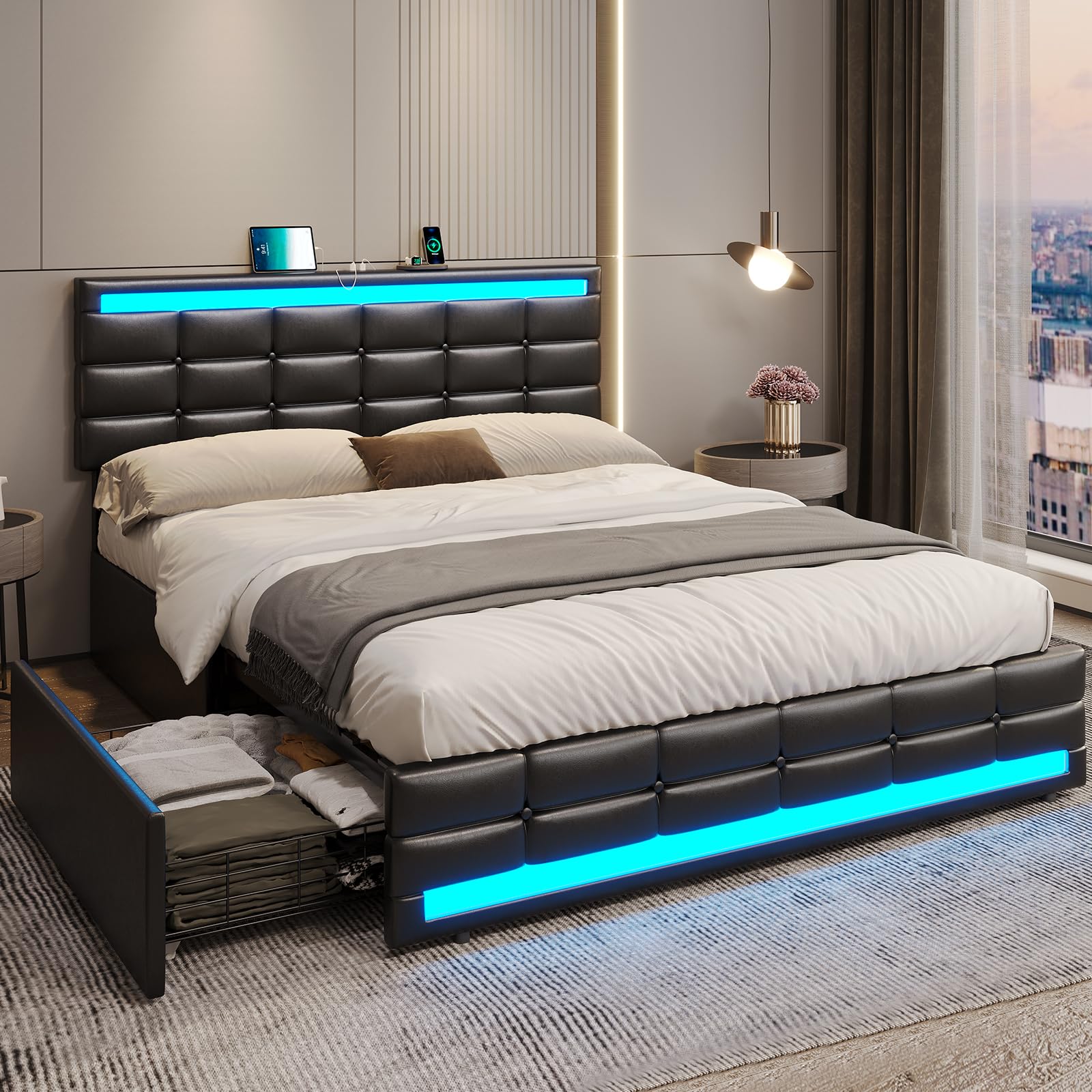 Amazon.com: ADORNEVE Queen Bed Frame with LED Lights Leather